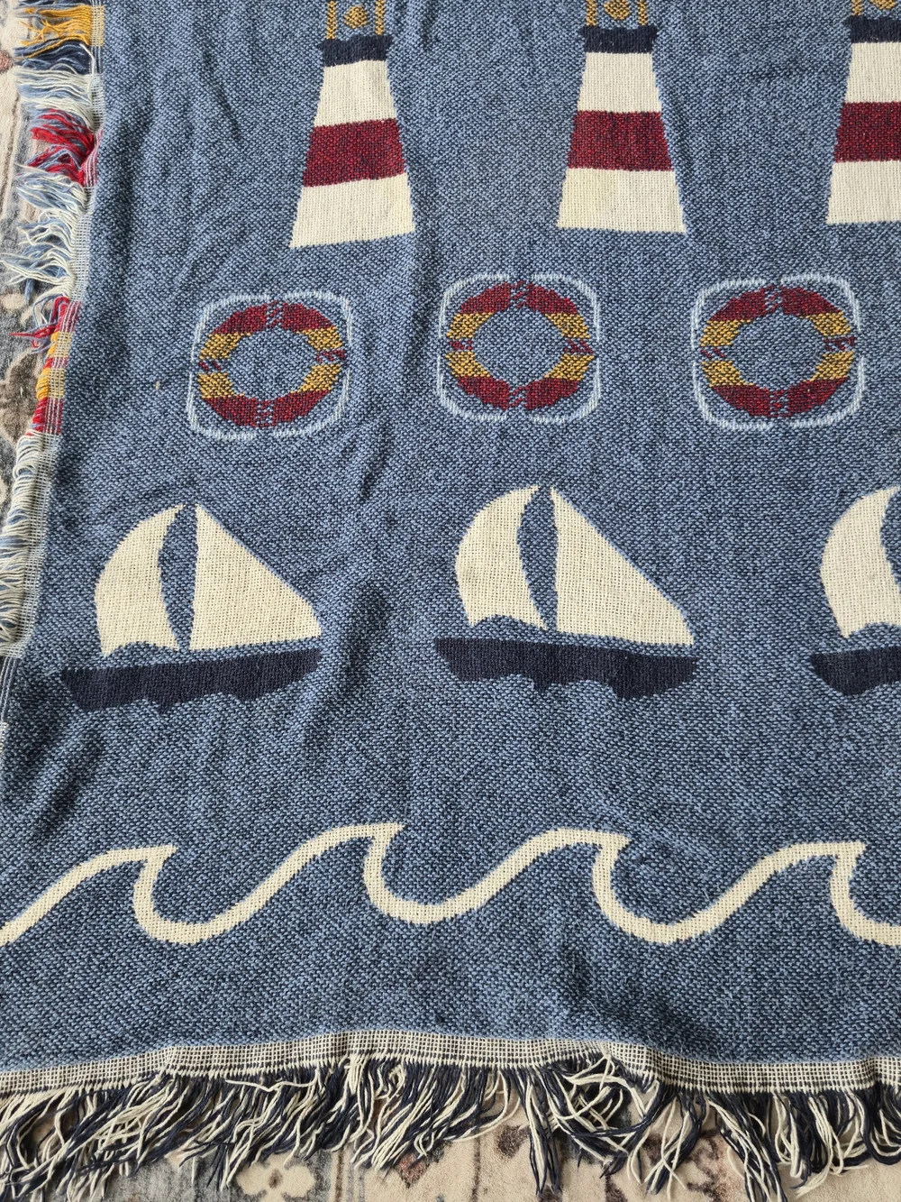 Vintage Nautical Woven Tapestry Throw Blanket 60x47 Coastal Beach Seaside Fringe
